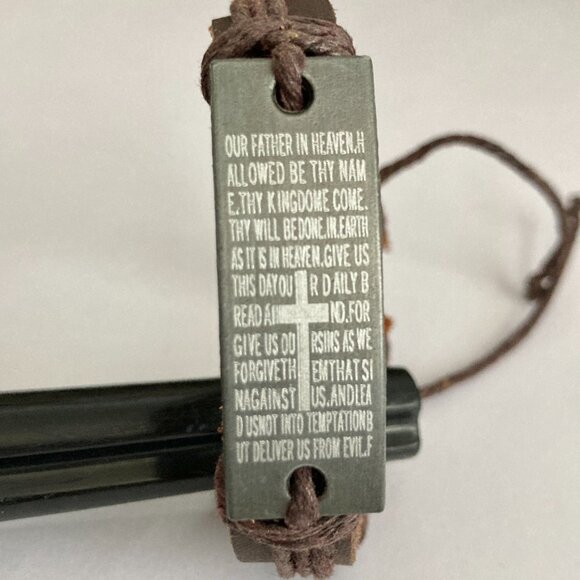 Vintage The Lords Prayer Leather Bracelet Mens Womens Adjustable Rope Catholic - Picture 4 of 10